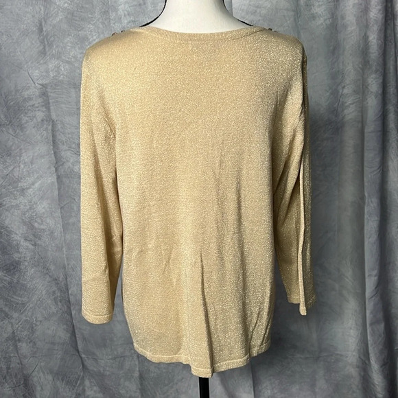 JM Collection Gold 3/4 Sleeve Beaded V-neck Sweater - size Large - Picture 5 of 10
